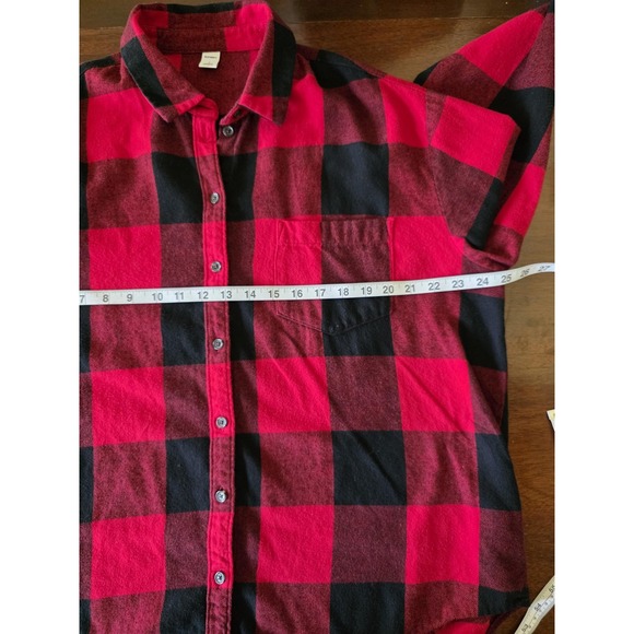 Old Navy Shirt Womens Lg Red Black Plaid Flannel Button Up Long‎ Sleeve Cotton - Picture 8 of 10